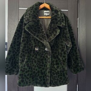 Apparis Green Leopard Print Faux Fur Coat